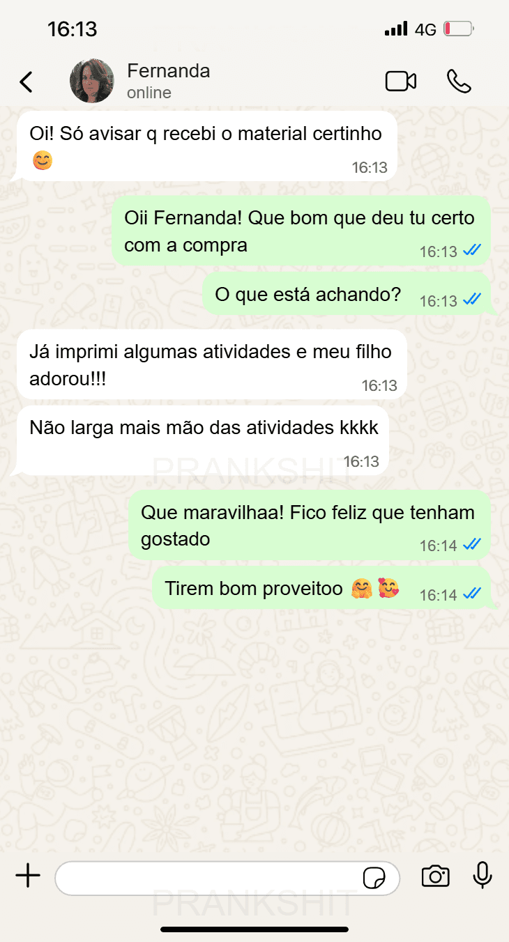 Print de conversa no WhatsApp de mãe agradecendo pelos resultados do Educakids360